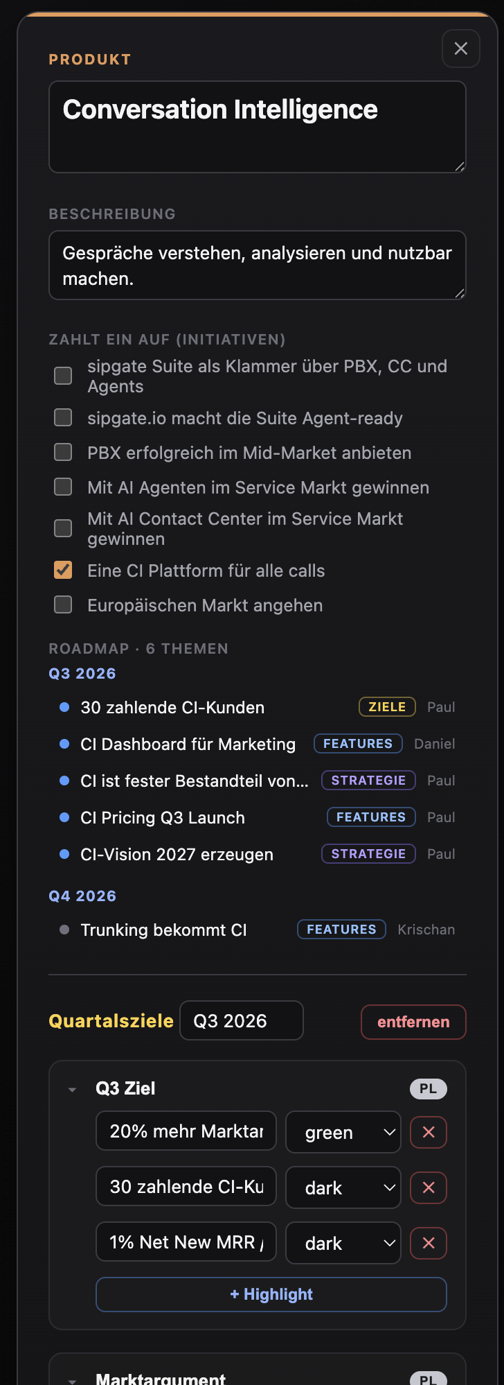 Detailpanel eines Produkts in StrategyTree